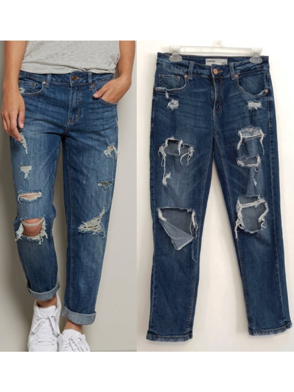 GARAGE CLOTHING Girlfriend Jeans Dark Wash Distressed Ripped Rips Crop JUNIORS 1